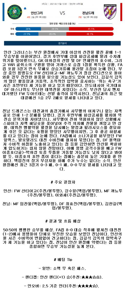 2021년4월11일 안산 그리너스 전남 드래곤즈 축구중계 라채티비.png